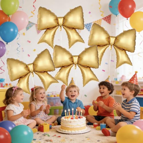 5 Pcs 38-Inch Gold Bow Foil Balloons - Coquette Party Decorations