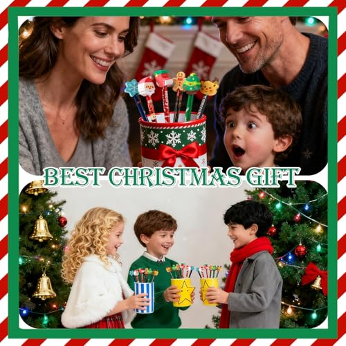 12 Pcs Christmas Pencils Bulk with Erasers - Christmas Style - Festive Holiday Designs
