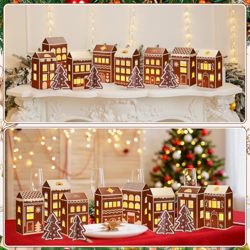 Large 8-Inch Christmas Cardboard Village Houses Set with LED Candles - Brown / Gingerbread