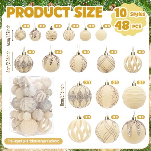 White Velvet Christmas Ornament Set - 48 Flocked Holiday Decorations