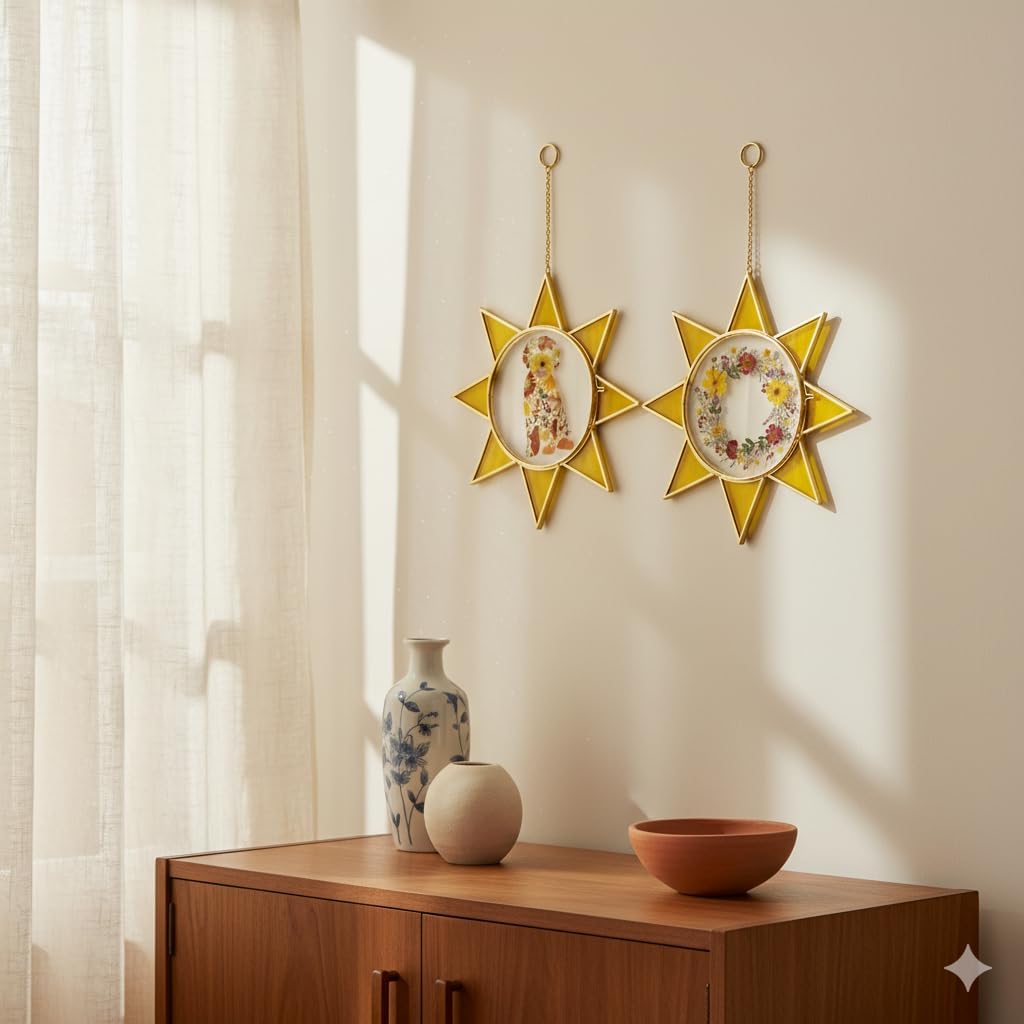 Sunburst Pressed Flower Frames - Decorative Double Glass Wall Art | Horizontal Display for Dried Flowers, Gold Finish