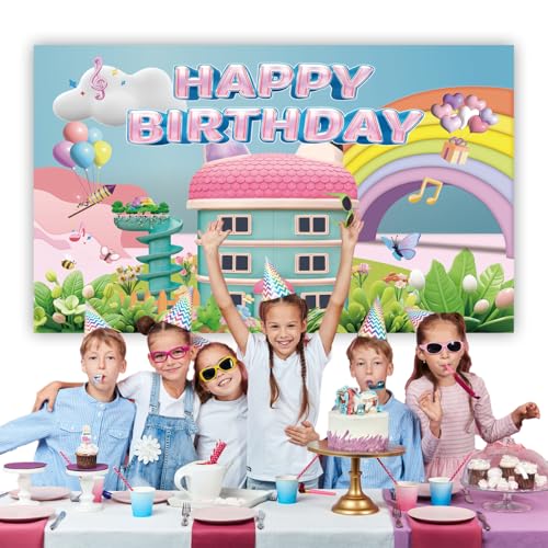 Rainbow Dollhouse Birthday Party Backdrop 5x3ft | Bright Decor