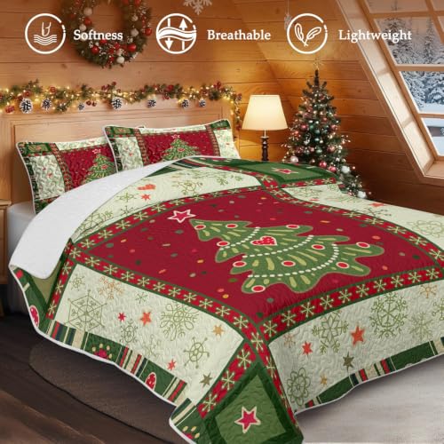 BlessLiving Christmas Patchwork King Quilt Set - Holiday Bedspread 3-Piece