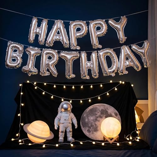 CARGEN 16-Inch Happy Birthday Balloons Banner - Silver Mylar Decor