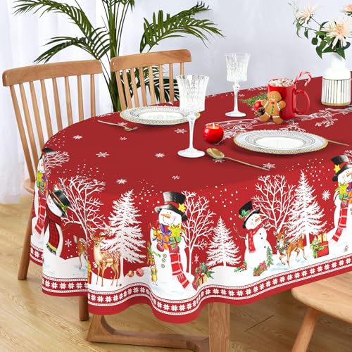 Oval Christmas Tablecloth 60 x 102In Red Snowman Santa Tree Waterproof Holiday Decor