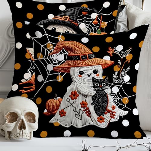 Halloween Pillow Covers Set of 2 - 18x18 Inch Double-Sided Ghost Decor