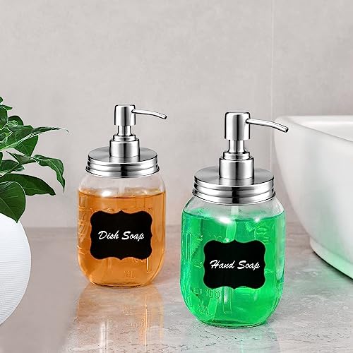 2-Pack Mason Jar Soap Dispenser Pumps with Labels - Silver
