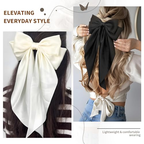 TINKRSTUFF 2 Pcs Silky Satin Big Hair Bows with Metal Clips, Large Long Tail French Barrette Hair Accessories for Women