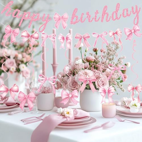 Pink Bow Birthday Party Decorations Set with Banner and Hanging Swirls