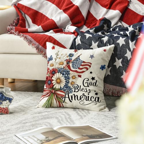 4th of July Throw Pillow Cover - God Bless America Daisy Pattern 18x18 Inch Independence Day Decor Cushion Case