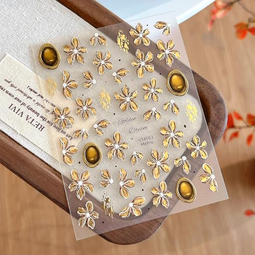 5D Embossed Light Brown Floral Nail Art Stickers Gilded Devil Flower Decals