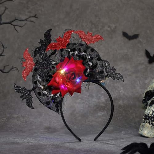 Woeoe Gothic Halloween Flower Headband with Red Roses and Bats