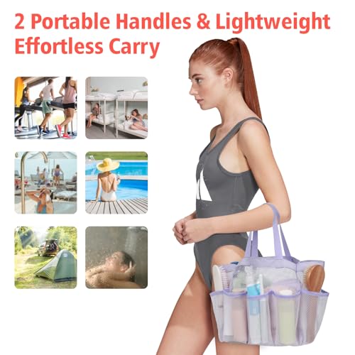 Purple Mesh Shower Caddy - Large 8-Pocket Dorm Bag with S-Hook