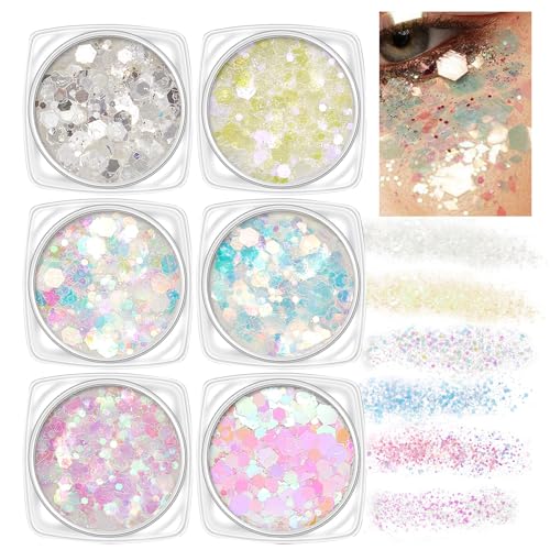 6 Color Body Glitter Gel Set - Holographic Sequins for Face and Hair