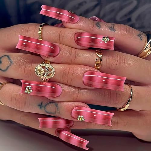 Square Press on Nails Red French Tip Ombre Fake Nails 24Pcs
