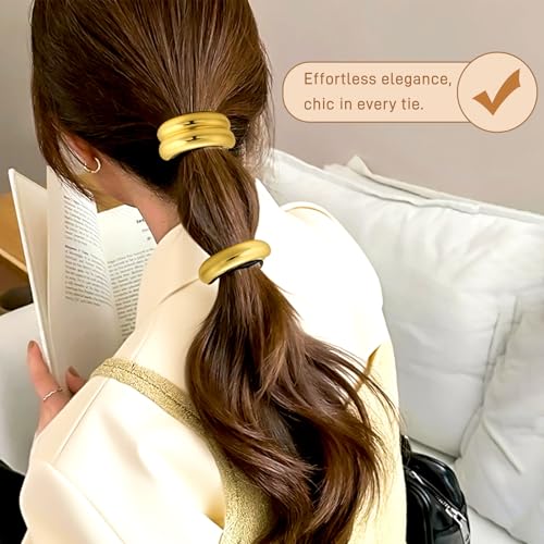 3PCS Gold Metal Hair Bands - Geometric Ponytail Cuffs for Thick Hair