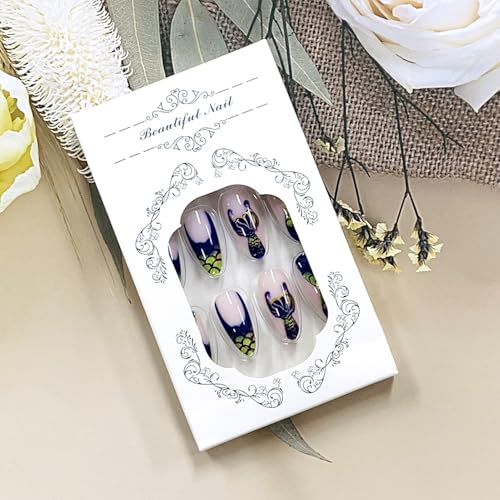 FIEONCIY Glossy Almond Press on Nails French False Fingernails with Charms