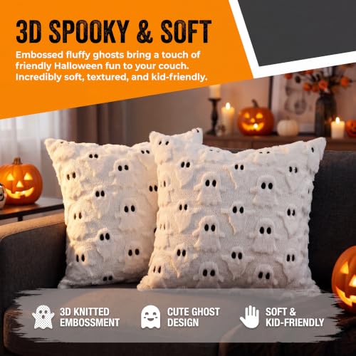 HOSHEN HOME 3D Ghost Faux Fur Pillow Covers, White 18x18 Inch Set of 2