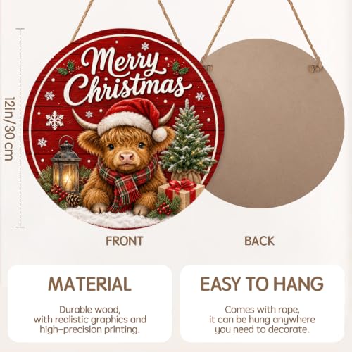 Winter Highland Cow Christmas Sign for Front Door 12x12 Inch Wooden Holiday Decor - Round, Outdoor Indoor Wall Hanging - Variation: Cow, 12"x12"