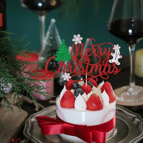 Merry Christmas Cake Topper Red Glitter Holiday Party Decoration
