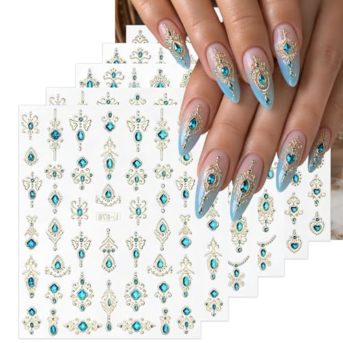 Porszova Embossed Gemstone Nail Stickers - 6 Sheets Blue Gold Nail Decals