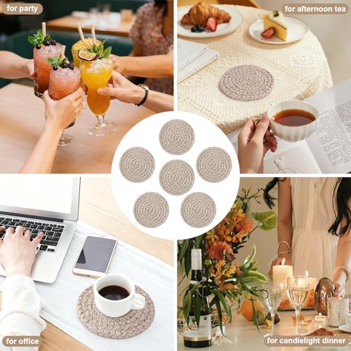 OIAHOMY 10 Pcs Brown Cotton Woven Coasters with Holder, 4.3"