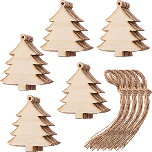 50 Pcs Wooden Christmas Tree Cutouts with Jute Ropes - Holiday Decor & Craft Supplies