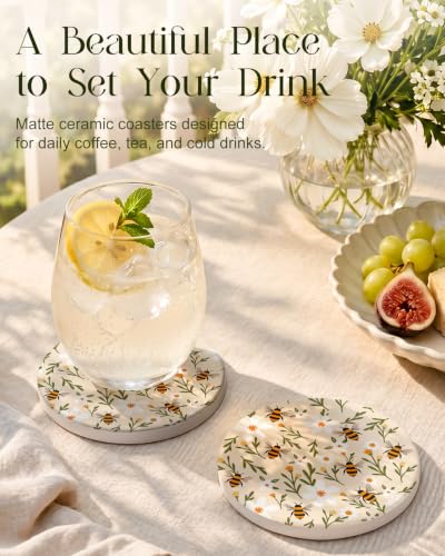 Oqplog Beige Bee Flowers Ceramic Absorbent Coasters - Set of 2