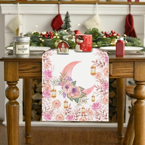 Ramadan Mubarak Table Runner, 13x72 Inch Linen, Moon & Star Design