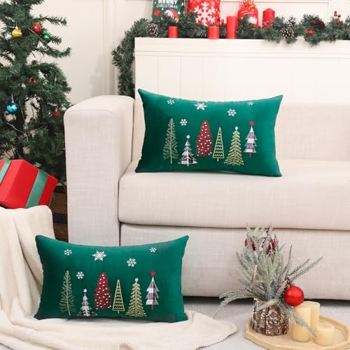 Christmas Pillow Covers 12x20 Set of 2 - Green Xmas Tree Decorative Cushion Cases