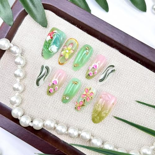 Green Press on Nails Medium Almond 3D Koi Fish Flower Fake Nails