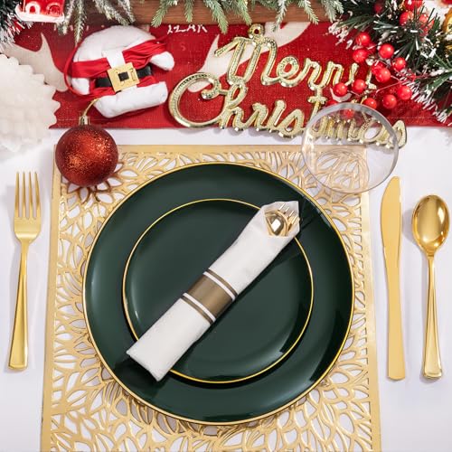 175PCS Green Plastic Plates with Gold Rim - Heavy Duty Disposable Party Dinnerware
