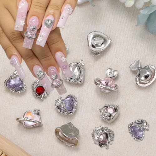 Sutaozhi 12Pcs 3D Silver Heart Nail Charms and Rhinestones for DIY Manicure