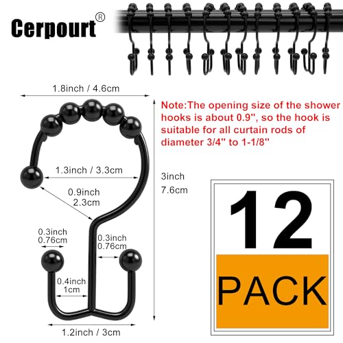 Cerpourt Black Metal Shower Curtain Hooks 12 Pcs Rustproof Double Rings