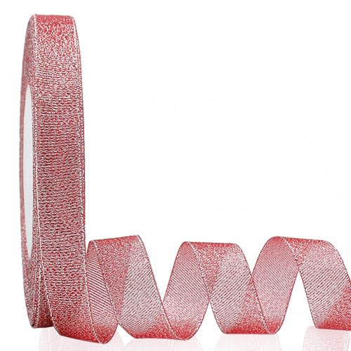 Red and Silver Glitter Ribbon 3/8 Inch x 25 Yards - Sparkly Metallic Craft Trim, Gift Wrap, Holiday & Wedding Decoration