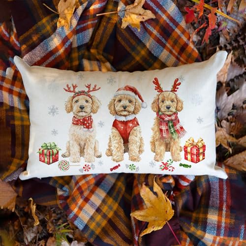 Golden Red Christmas Pillow Cover 12x20 Inch Holiday Dog Decor for Sofa & Couch