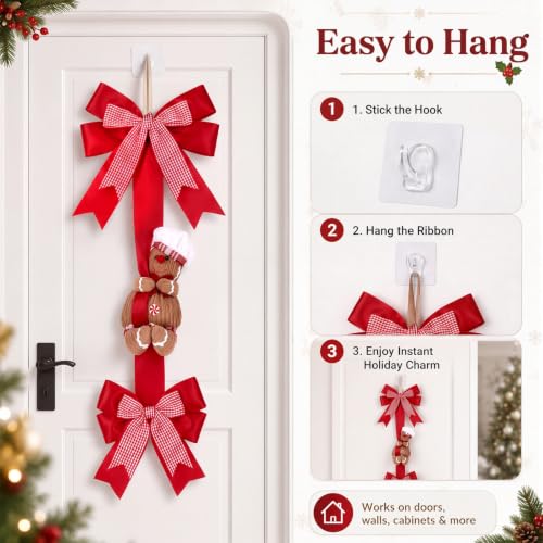 Christmas Door Hanger Decorations with Red Bow and Gingerbread - Festive Holiday Decor