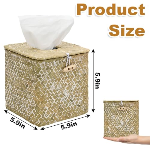 JBESUHI Square Whitewash Seagrass Tissue Box Cover - Rustic Woven Holder