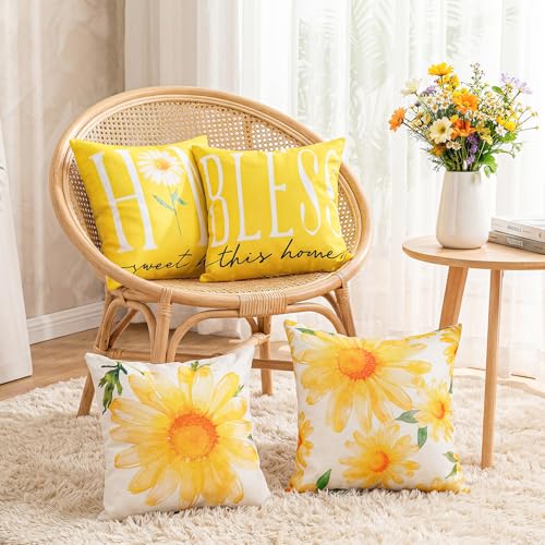 Sunflower Throw Pillow Covers 18x18, Spring Summer Cushion Cases (4 Pack)