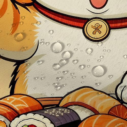 Funny Japanese Cat Shower Curtain, Red Orange Sushi Anime Design 72x72"