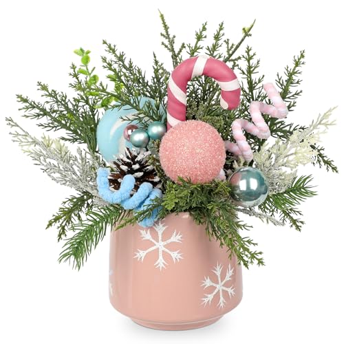 Christmas Centerpieces for Tables with Pink & Blue Ceramic Vase - Holiday Table Decor, Pine Branches & Candy Cane Accents