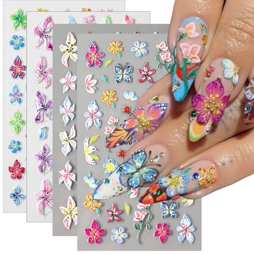 TailaiMei Gold and Silver Star Nail Stickers - 4 Sheets Embossed Self-Adhesive Nail Art Decals for DIY Manicure
