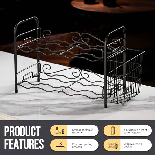 2-Tier Wine Rack for 8 Bottles with Cork Holder - Black