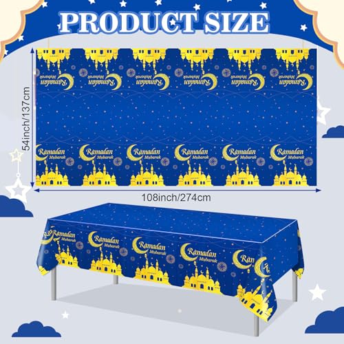 Ramadan Mubarak Table Covers - 2 Pack Disposable Plastic Tablecloths 54" x 108"