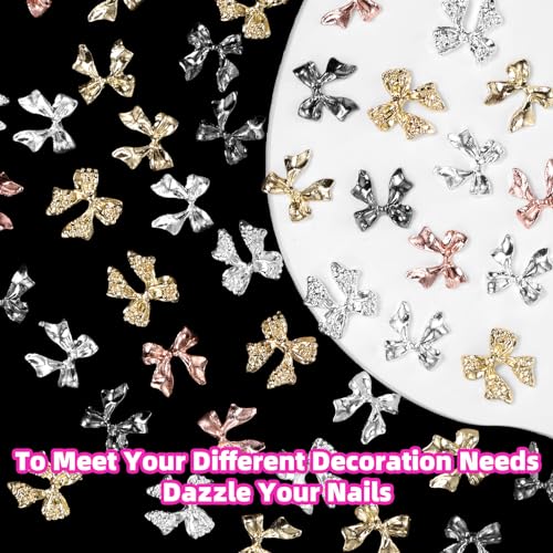 Uotey 60 Pcs Metal Bow Nail Charms - 3D Alloy Bowknot Gems for Acrylic Nail Art