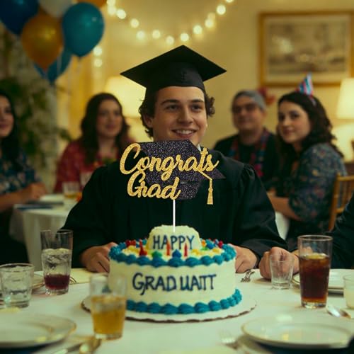 Congrats Grad Cake Topper - Class of 2026 Black Gold Decoration