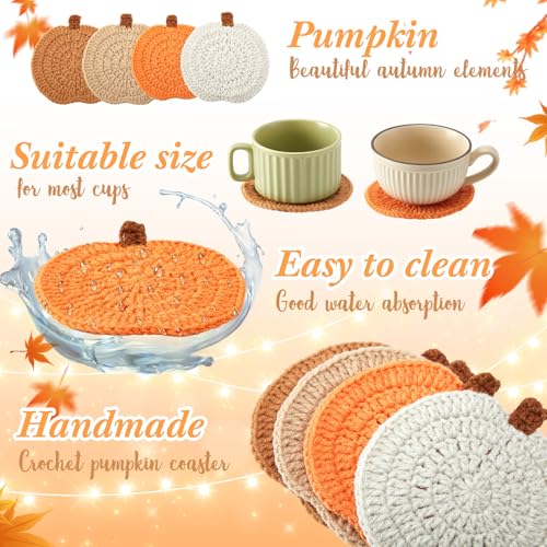 Fall Crochet Pumpkin Coasters Set - 4 Pcs Autumn Drink Protectors in Orange, Brown, Terracotta, Beige