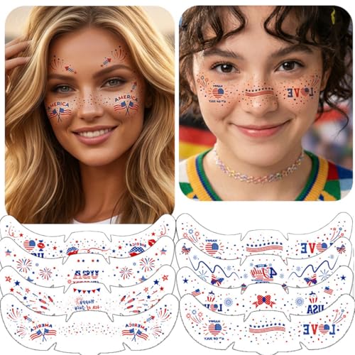 4th of July Temporary Face Tattoos - 10 Pack Patriotic USA Flag Stickers