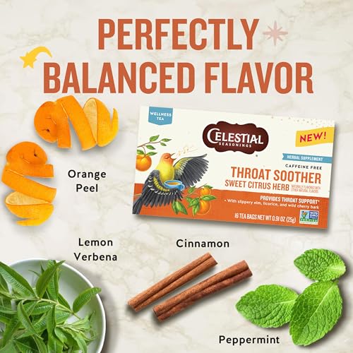 Celestial Seasonings Throat Soother Herbal Tea 16 Bags - Caffeine-Free, Soothing Citrus & Mint Flavor (Variation: Throat Soother / 16 Count)