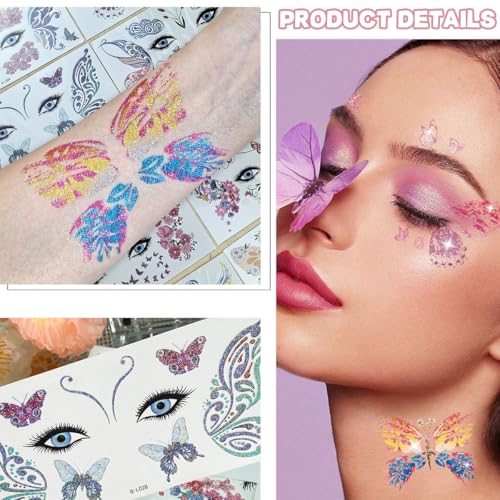Glitter Butterfly Temporary Tattoos 10 Sheets Waterproof Face Stickers
